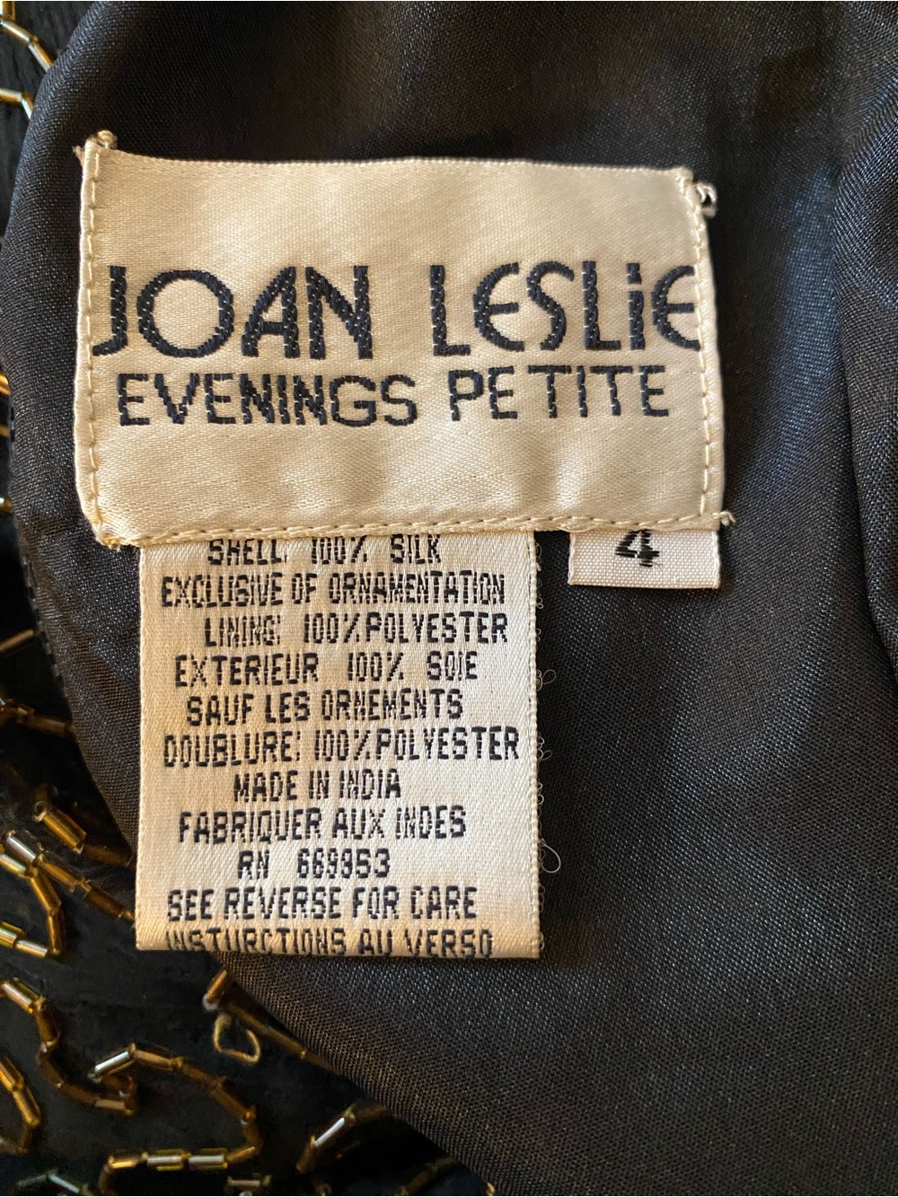 Vintage 80’s “Joan Leslie” Black Silk w/ Gold Beading Cocktail Dress- Size 4P - Picture 7 of 8